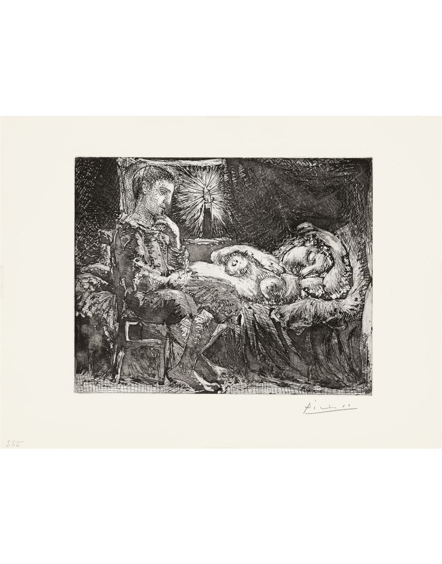 A thoughtful boy watching over a sleeping woman by candlelight