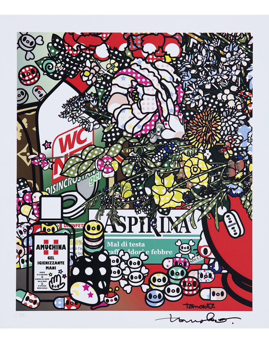 Detail 2 of Flowers after Jan Brueghel elder with Amuchina, Aspirina, WCNET, Louis Vuitton, Chanel, Tachipirina, Sole, Rinazina