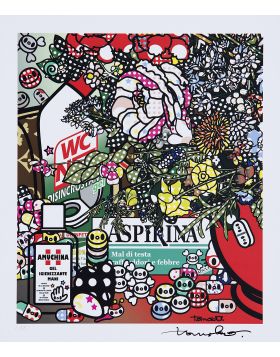 Detail 2 of Flowers after Jan Brueghel elder with Amuchina, Aspirina, WCNET, Louis Vuitton, Chanel, Tachipirina, Sole, Rinazina