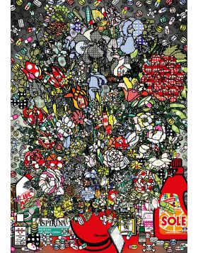 Flowers after Jan Brueghel elder with Amuchina, Aspirina, WCNET, Louis Vuitton, Chanel, Tachipirina, Sole, Rinazina