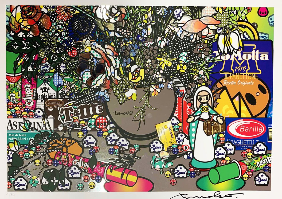 Detail 2 of Flowers 2 after Jan Brueghel elder with Aspirina, Barilla, Baci, Calippo, Cola, Louis Vuitton, Motta, Tm, Visa and Maddonna (SILVER METAL INSERTS)