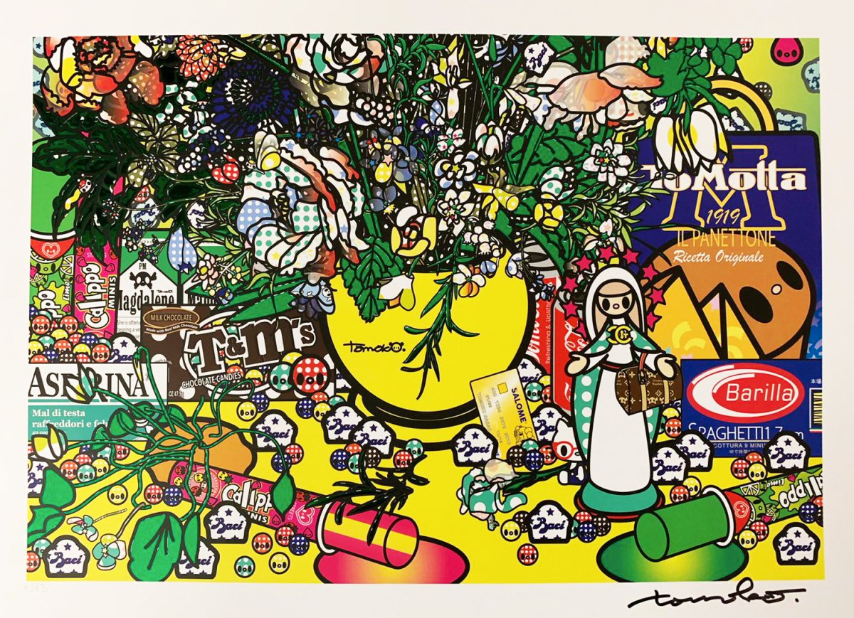 Detail 2 of Flowers 2 after Jan Brueghel elder with Aspirina, Barilla, Baci, Calippo, Cola, Louis Vuitton, Motta, Tm, Visa and Maddonna (GREEN METAL INSERTS)