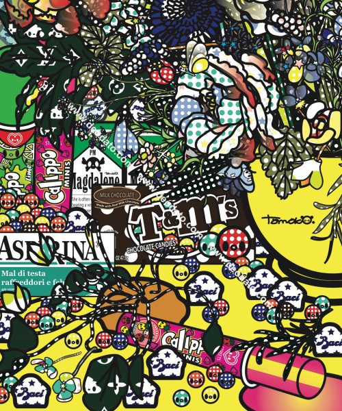 Detail 1 of Flowers 2 after Jan Brueghel elder with Aspirina, Barilla, Baci, Calippo, Cola, Louis Vuitton, Motta, Tm, Visa and Maddonna