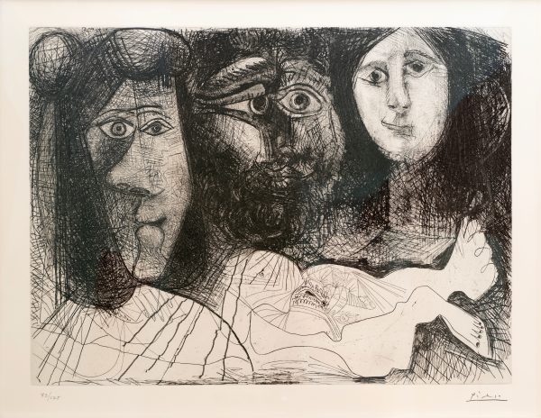 Self-Portrait, with two Woman - Couple, Woman and Man-dog with Woman with Flower