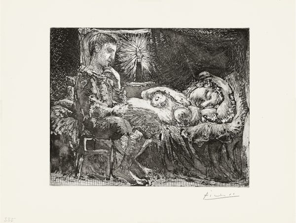 A thoughtful boy watching over a sleeping woman by candlelight