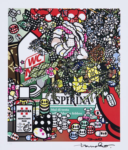 Detail 2 of Flowers after Jan Brueghel elder with Amuchina, Aspirina, WCNET, Louis Vuitton, Chanel, Tachipirina, Sole, Rinazina