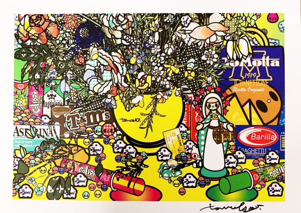 Detail 2 of Flowers 2 after Jan Brueghel elder with Aspirina, Barilla, Baci, Calippo, Cola, Louis Vuitton, Motta, Tm, Visa and Maddonna (SHINY BLACK INSERTS)